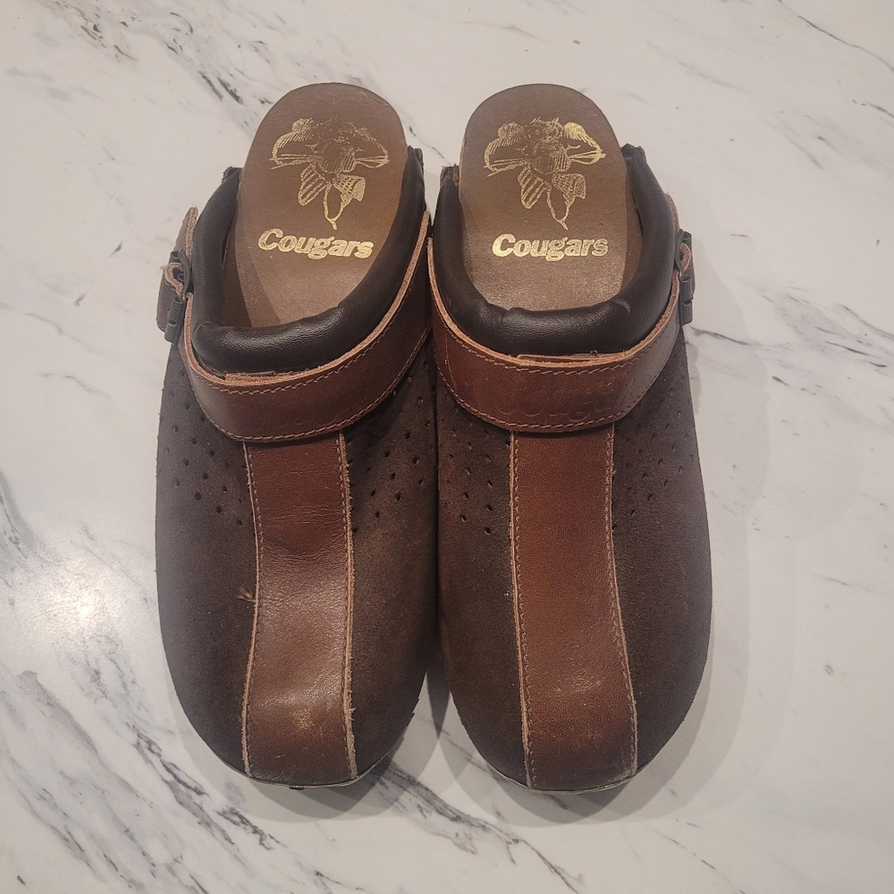 Vintage Cougars Wooden Clogs – Late 1970s / Early 1980s Leather & Suede Size 10